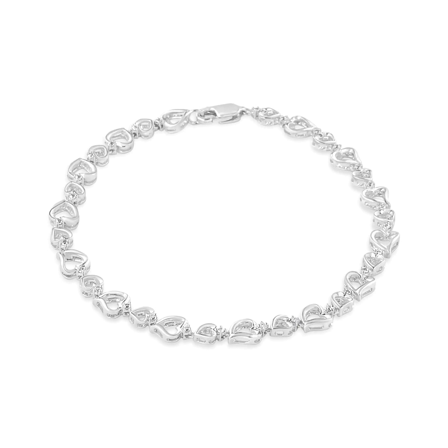 .925 Sterling Silver Prong Set Diamond Accent Alternating Heart Link Bracelet (I-J Color, I3 Clarity) - 7.25" Inches