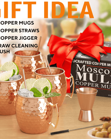 Moscow Mule Copper Mugs - Set of 4 - 100% HANDCRAFTED - Food Safe Pure Solid Copper Mugs - 16 oz Gift Set with BONUS: Highest Quality Cocktail Copper
