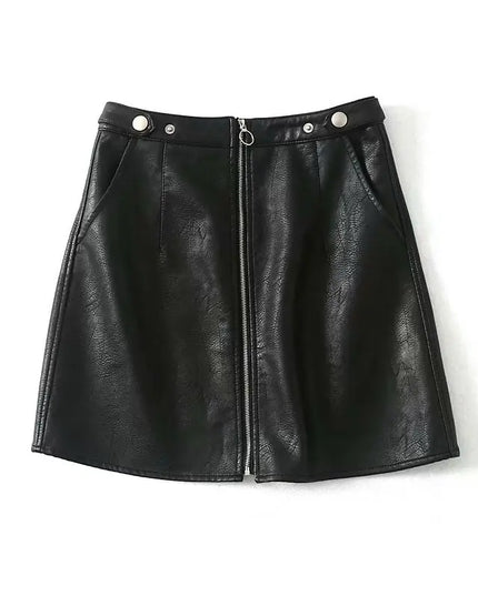 High Waist Slim Zipper A-Line PU Leather Mini Skirt