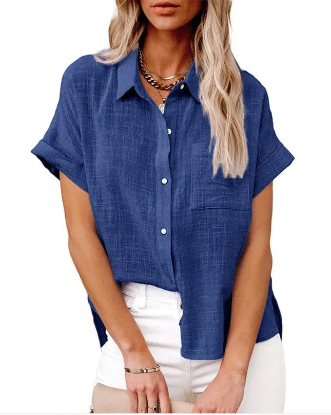 Women's Casual Cotton Linen Short-Sleeve Shirt with Pockets