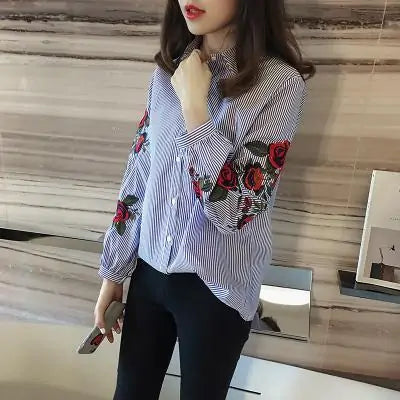 Stripe Embroidered Rose Shirt