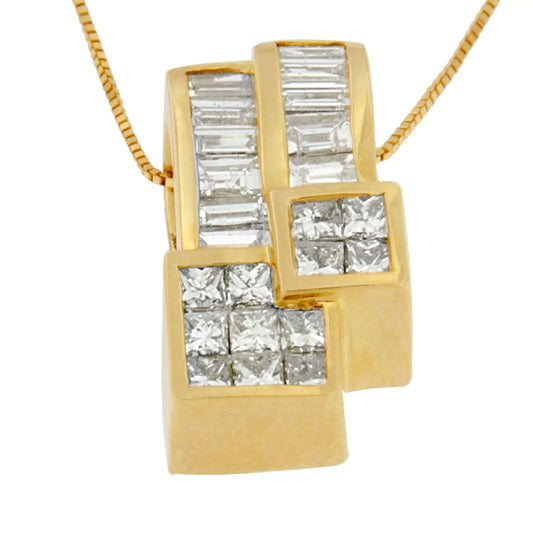 14K Yellow Gold 1 1/2 cttw Princess and Baguette Cut Diamond Geometric Pendant Necklace (H-I Color, VS1-VS2 Clarity)