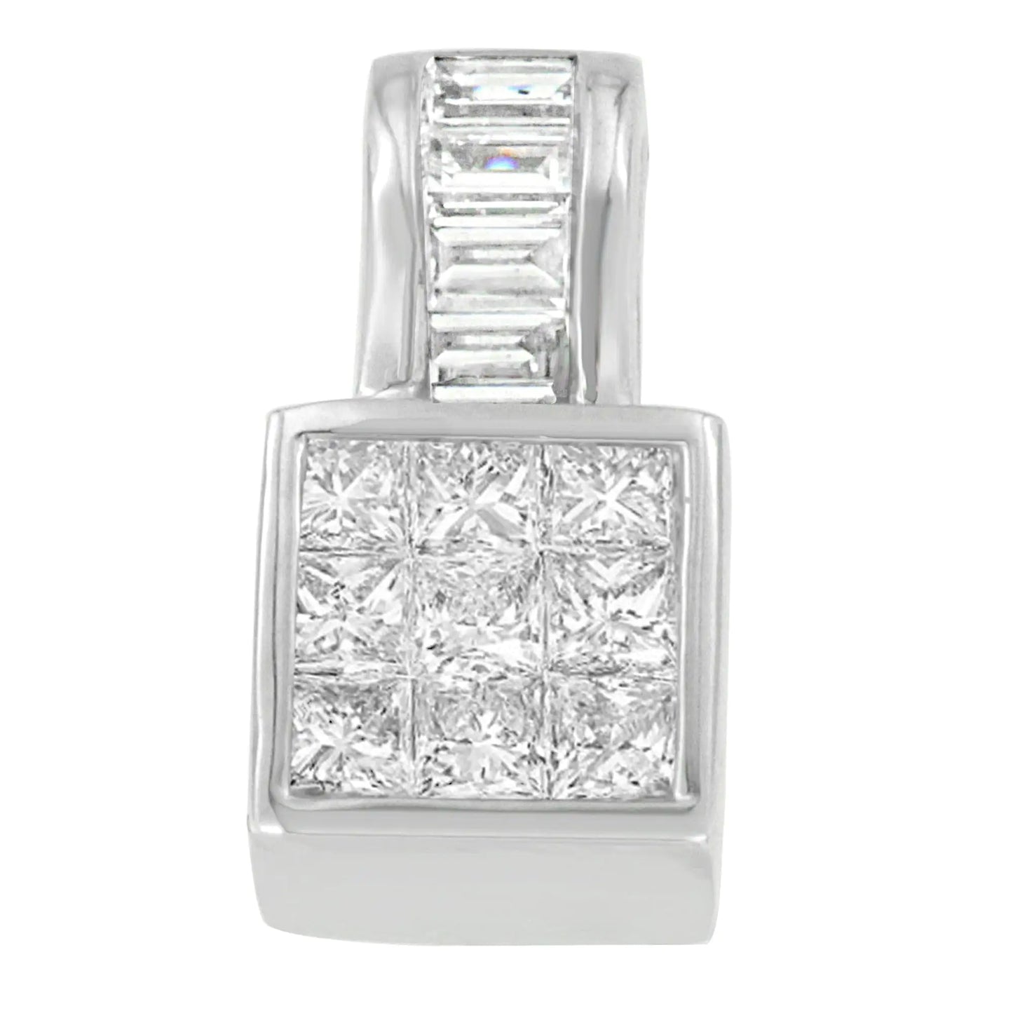 14K White Gold Princess and Baguette Cut Diamond Square Halo Pendant Necklace (1 1/2 cttw, H-I Color, SI1-SI2 Clarity)