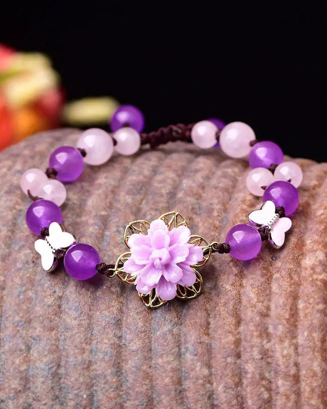 Purple Jade and Amethyst Lotus Healing Bracelet