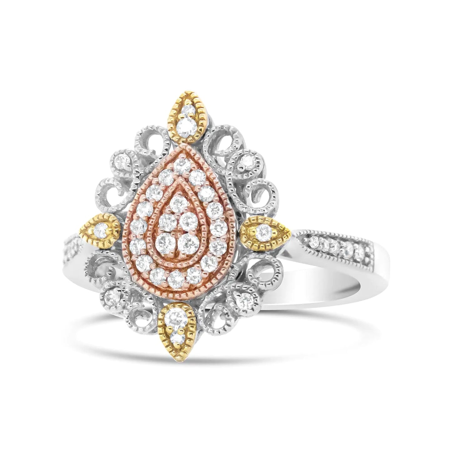 14K Tri Gold 1/4 Cttw Diamond Art Deco Style Halo Cocktail Ring (H-I Color, VS1-VS2 Clarity)