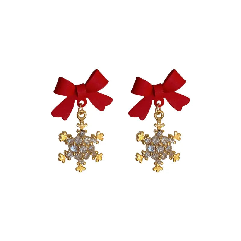 Silver Needle Zircon Snowflake Bow Earrings