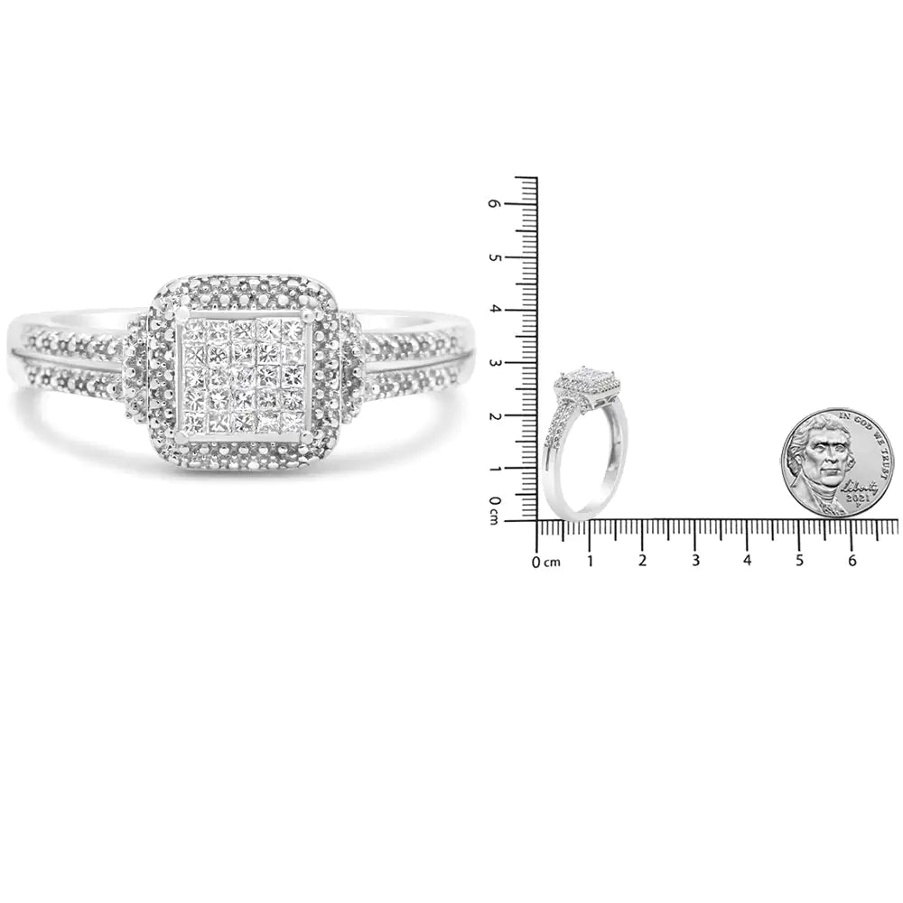 .925 Sterling Silver 1/4 Cttw Princess-cut Diamond Composite Ring with Beaded Halo (H-I Color, SI1-SI2 Clarity)