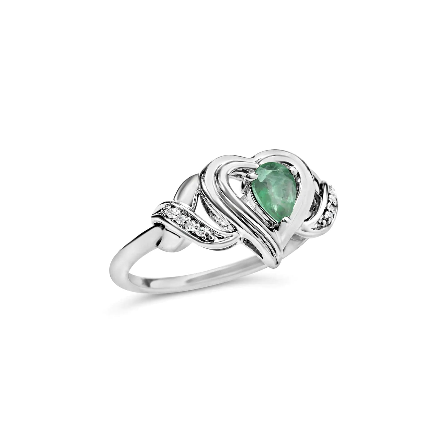 .925 Sterling Silver 6x4mm Pear Emerald Gemstone with Diamond Accent Heart Promise Ring (H-I Color, SI1-SI2 Clarity)