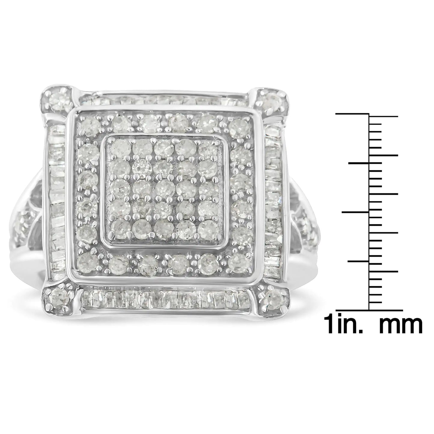 .925 Sterling Silver 1.0 Cttw Round and Baguette Cut Diamond Square Shape Cluster Double Halo Modern Band Ring (I-J Color, I2-I3 Clarity)