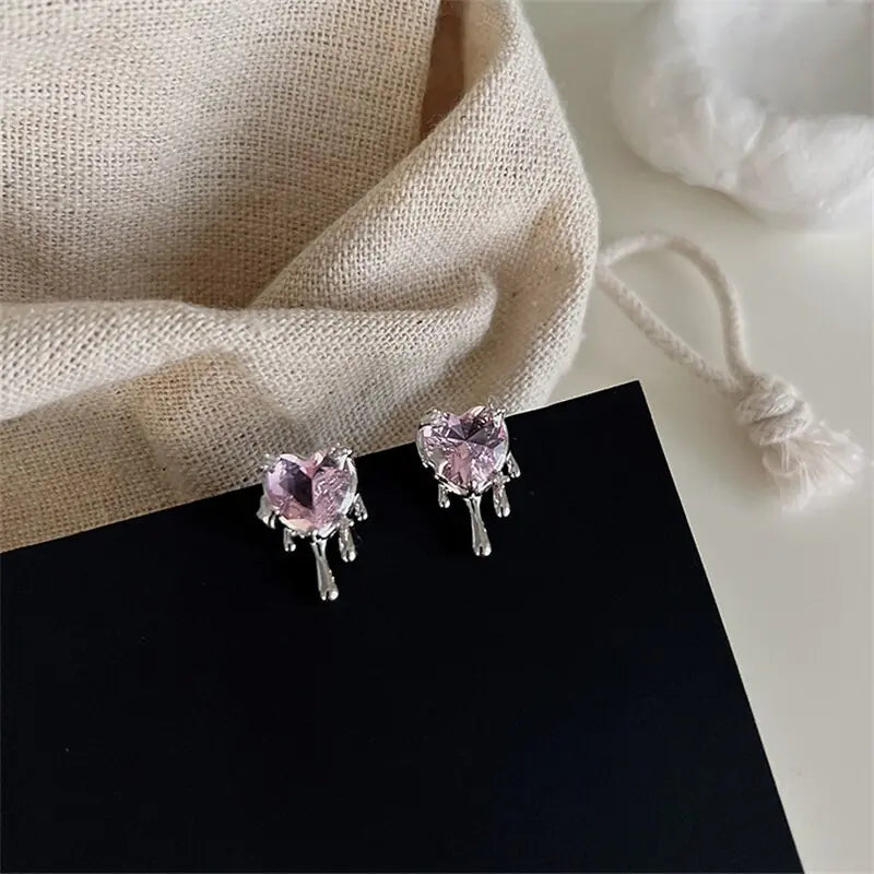 Pink Crystal Heart Aesthetic Earrings