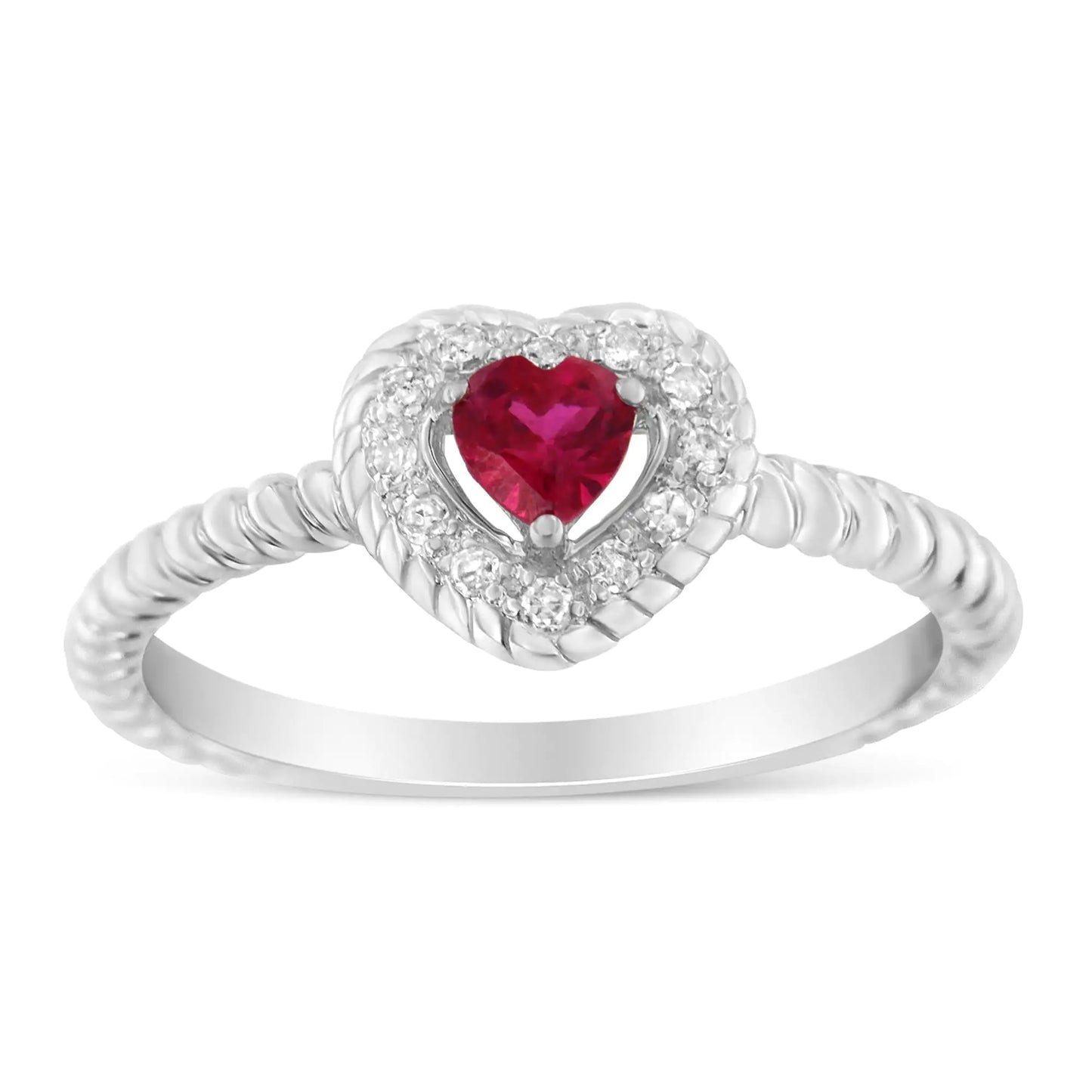 .925 Sterling Silver, ¾ Cttw Lab-Created Ruby, 1/4 Cttw Diamond Heart Ring, Earrings, and Pendant Necklace Set (I-J Color, I2-I3 Clarity)