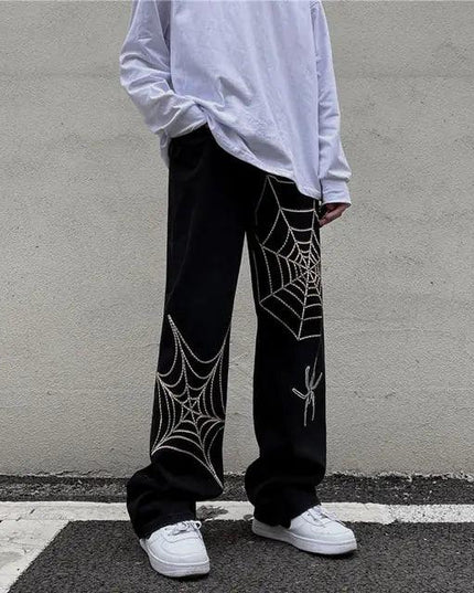 Men's Black Streetwear Spider Web Pants