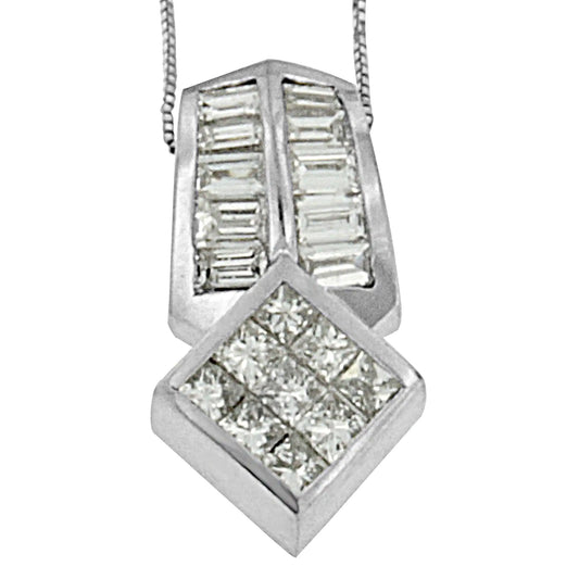 14K White Gold 1 1/2 cttw Princess and Baguette Cut Diamond Multi-shape Pendant Necklace (G-H, VS1-VS2)