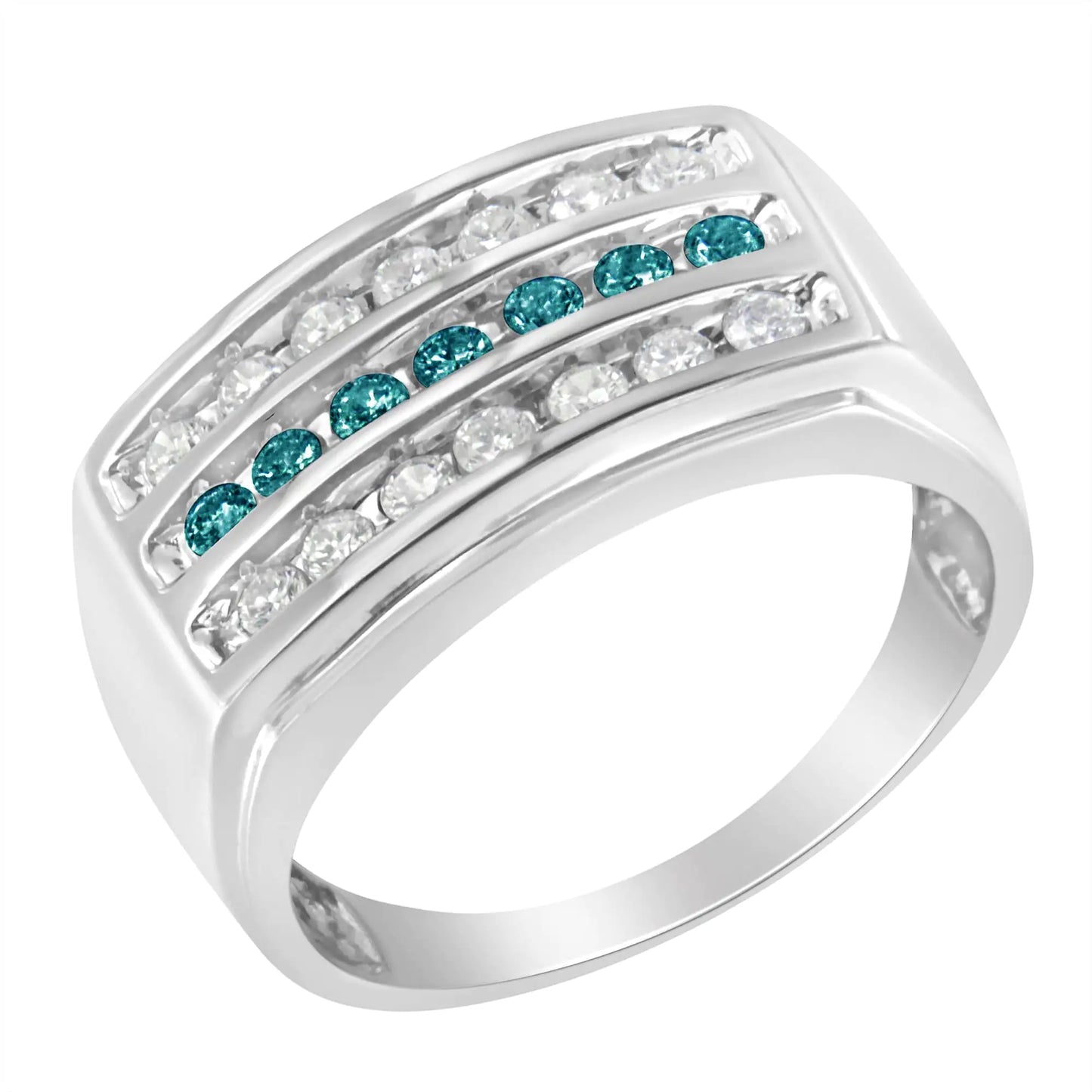 Men's 14KT White Gold Treated Blue Color Diamond Channel Band Ring (1 cttw, H-I Color, I1-I2 Clarity)