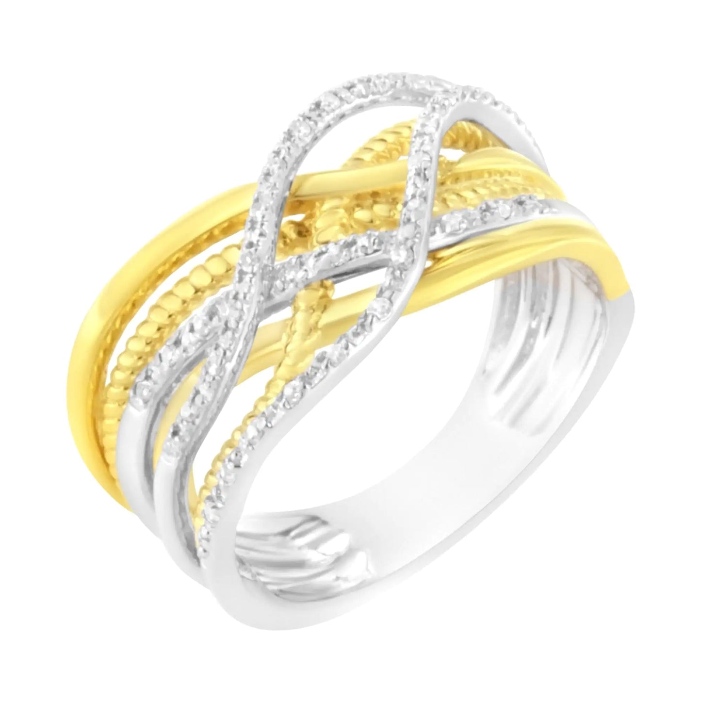 10K Yellow Gold Plated .925 Sterling Silver 1/10 Cttw Diamond Multi Row Crossover Ring Band (I-J Color, I1-I2 Clarity)