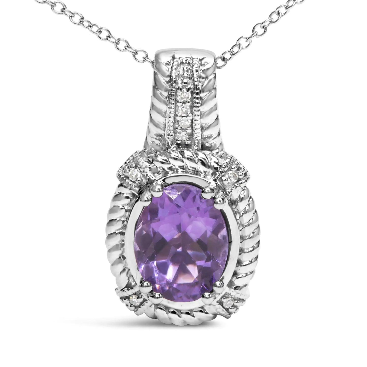 .925 Sterling Silver 9x7mm Oval Purple Amethyst and Round Diamond Accent Fashion Drop Pendant 18 Inch Necklace (I-J Color, I1-I2 Clarity)