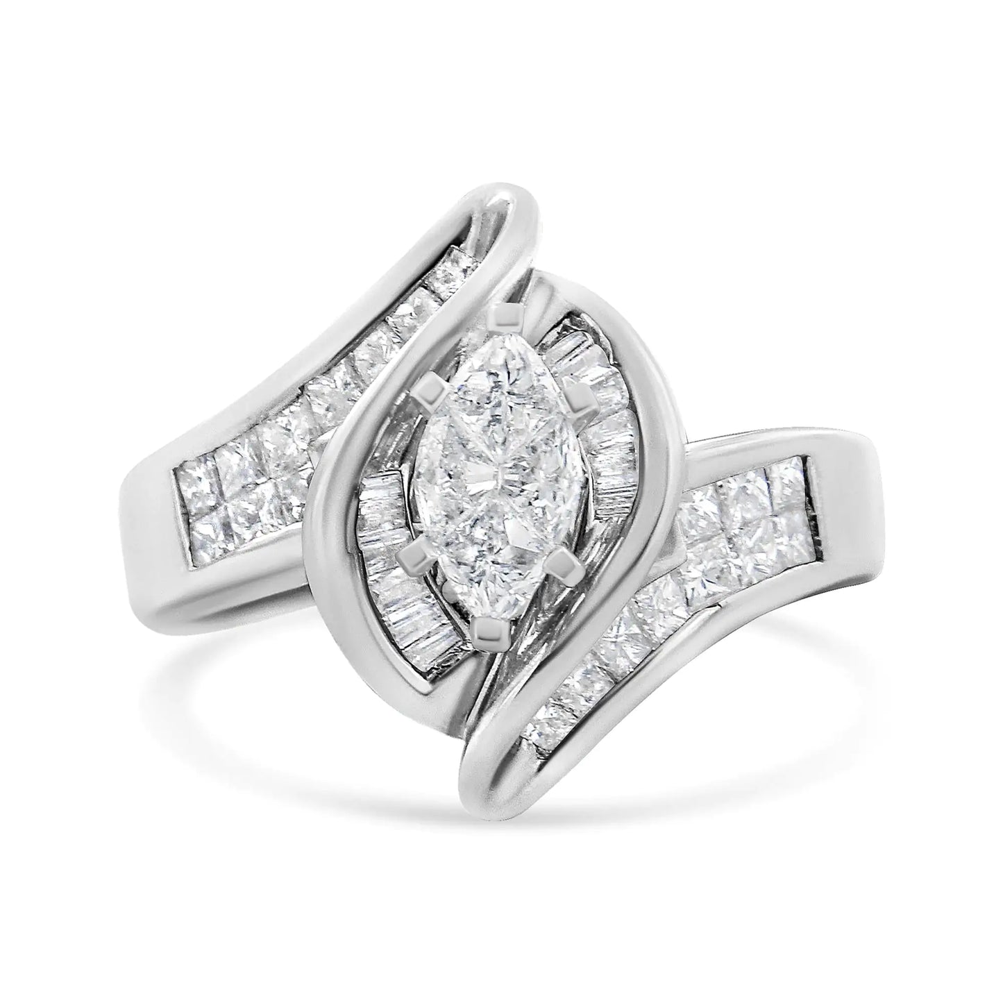 14K White Gold 1 1/4 Cttw Pie, Baguette and Princess cut Diamond Marquise Shape Engagement Cocktail Ring (H-I Color, SI2-I1 Clarity)