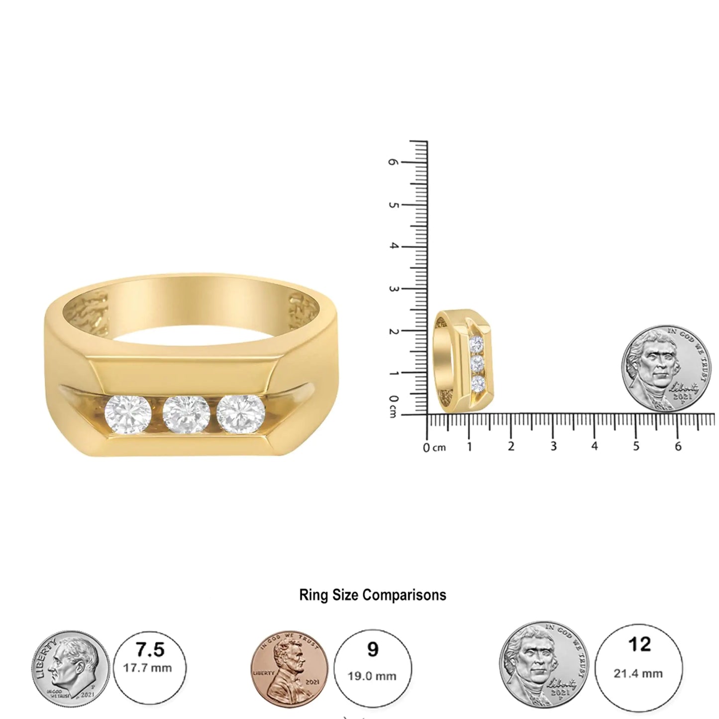 Men's 14K Yellow Gold 1/2 Cttw Channel Set Diamond 3 Stone Band Ring (H-I Color, I1 Clarity)