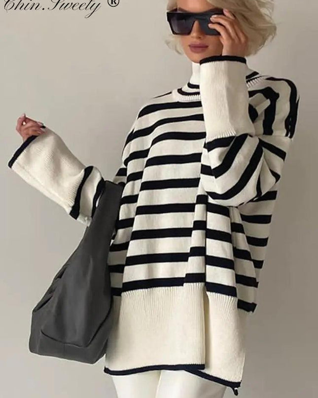 Loose Striped Turtleneck Sweater