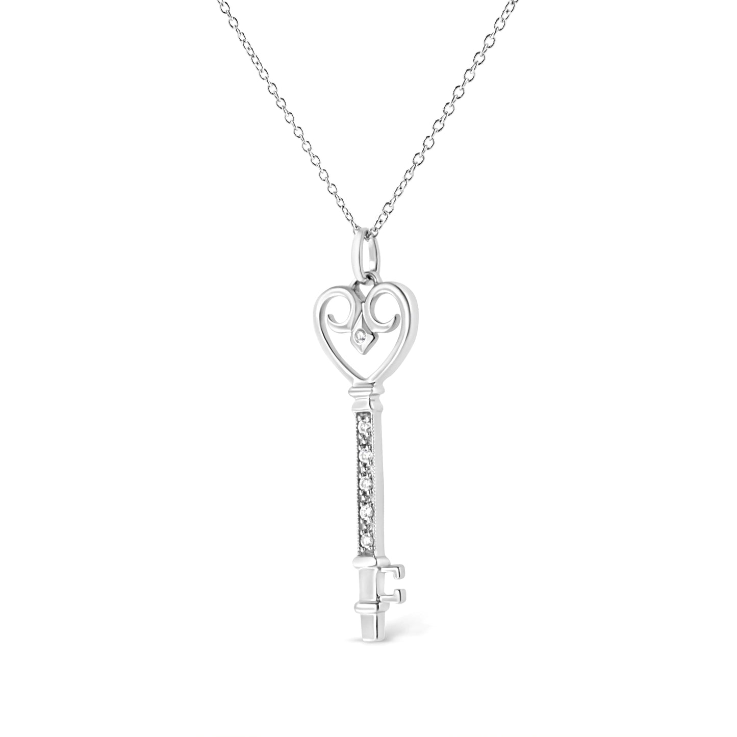 .925 Sterling Silver Pave and Bezel-Set Diamond Accent Key 18" Heart and Lock Pendant Necklace (K-L Color, I1-I2 Clarity)