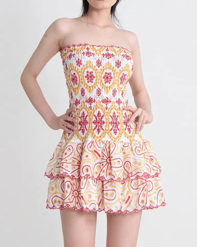 Strapless Embroidery Print Dress