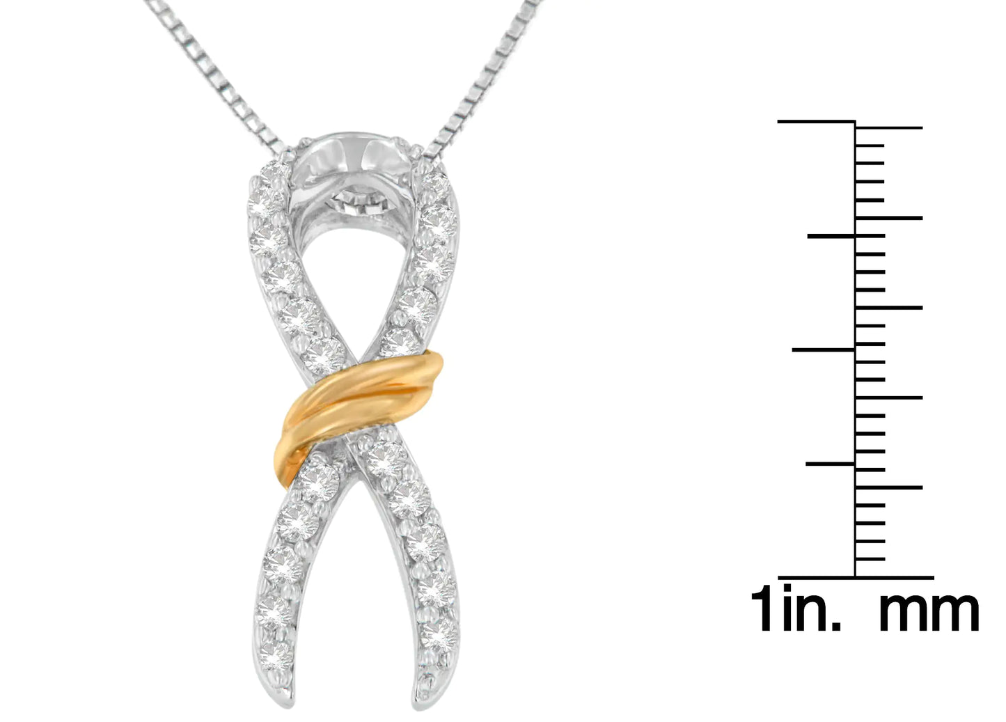 Two-Tone 10K Yellow Gold over .925 Sterling Silver 1/6 Cttw Diamond Embellished Awareness Ribbon Pendant Necklace (H-I Color, I2-I3 Clarity)