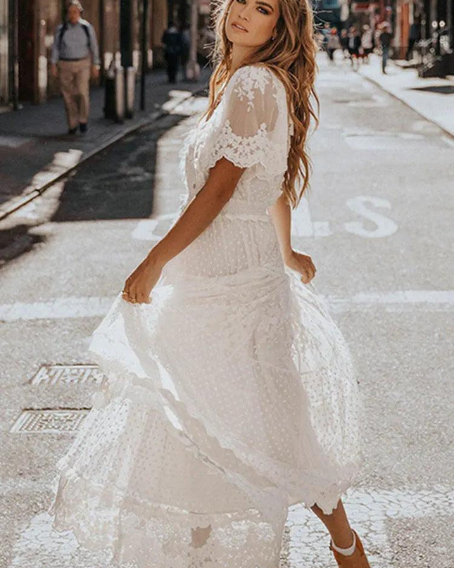 Hollow Out White Dress Sexy Women Lace Long Dress