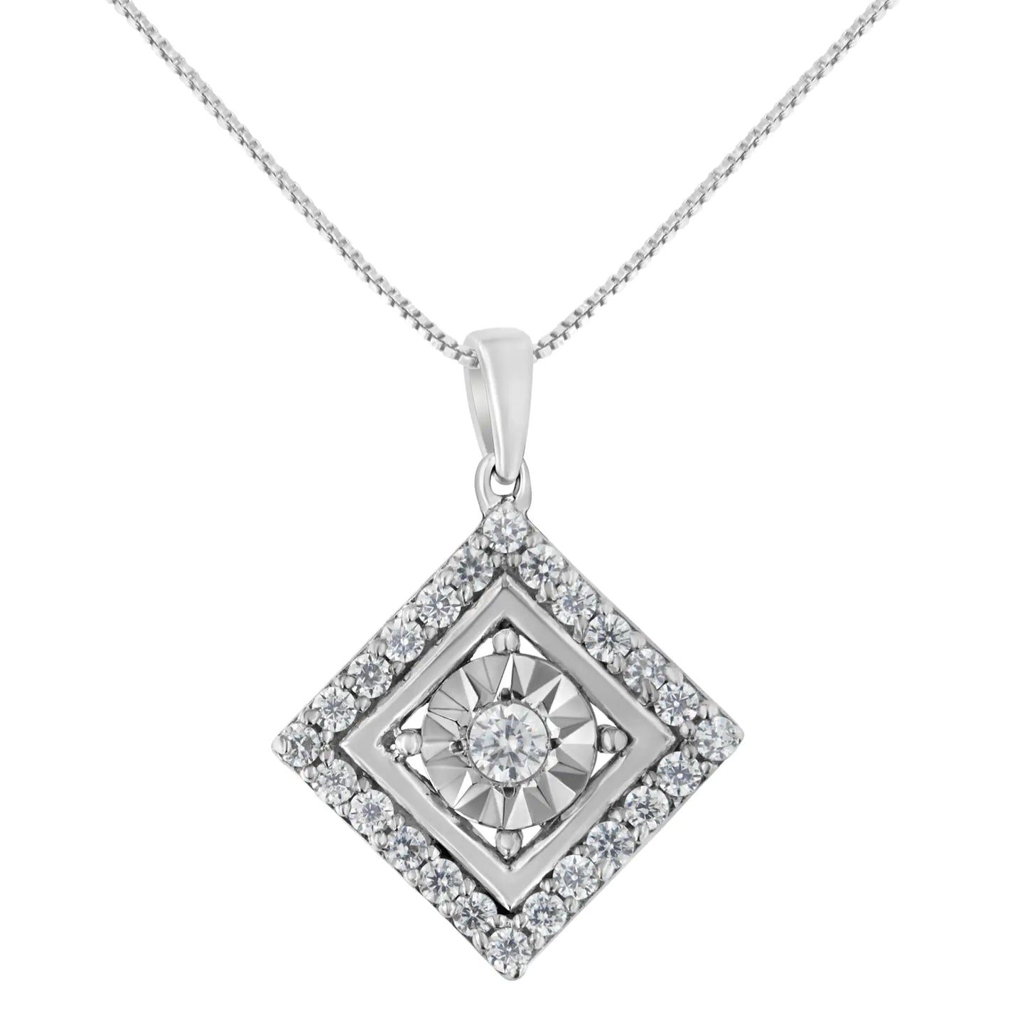 10KT White Gold 1/2 cttw Diamond Square Pendant Necklace (I-J Color, I2-I3 Clarity)