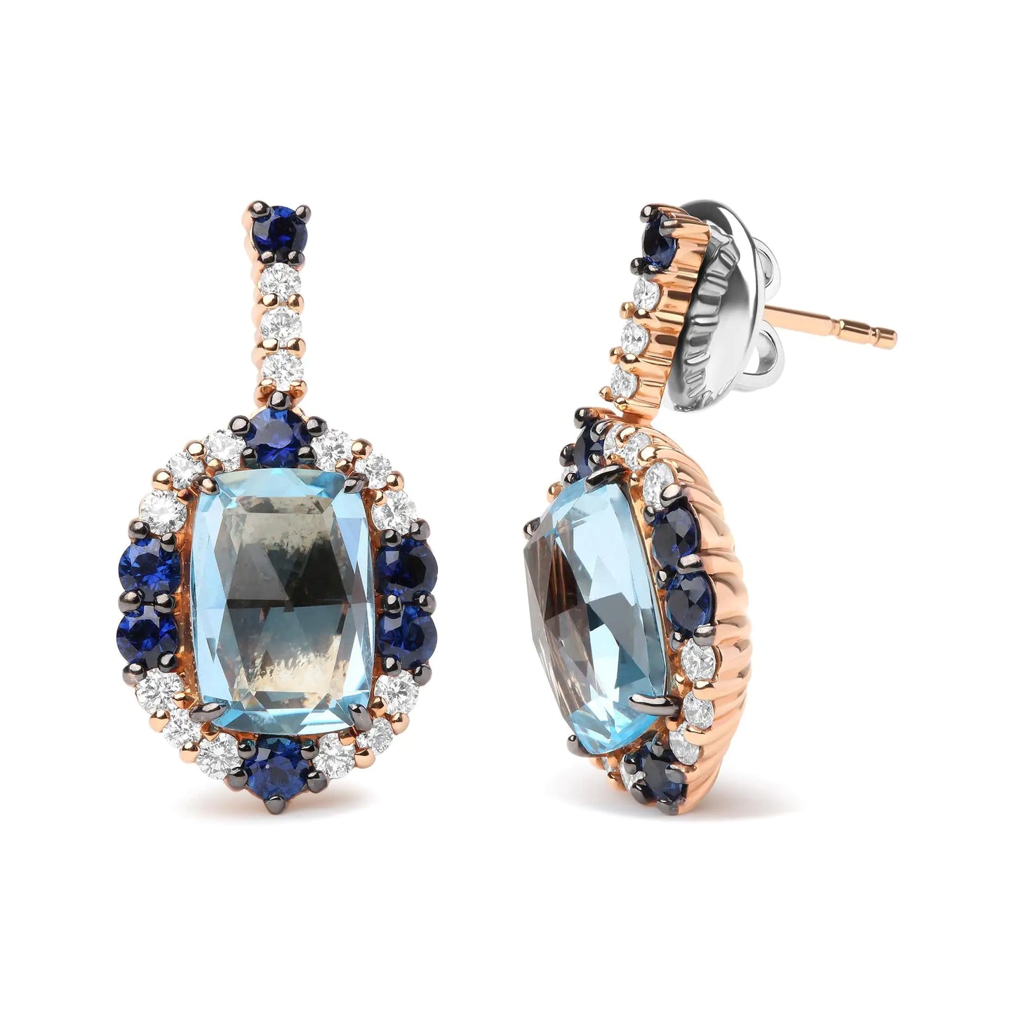 18K White and Rose Gold and 3/4 Cttw Diamond with Round Blue Sapphire and 13x8mm Cushion Cut Sky Blue Topaz Gemstone Cluster Dangle Earrings (G-H Color, SI1-SI2 Clarity)