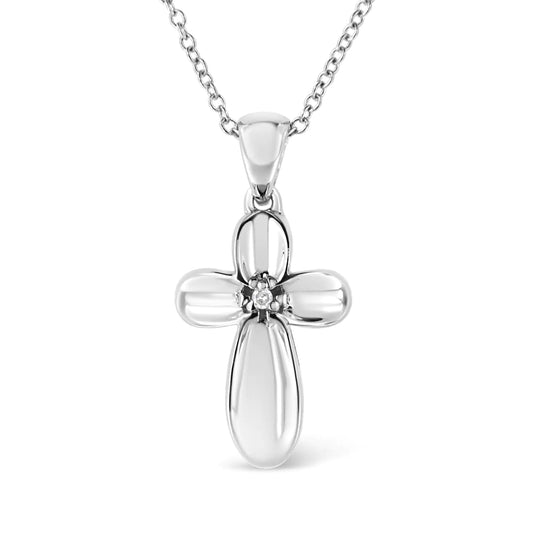 .925 Sterling Silver Prong-Set Diamond Accent Floral Cross 18" Pendant Necklace (I-J Color, I1-I2 Clarity)