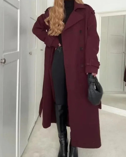 Elegant Bordeaux Lapel Mix Maxi Overcoat