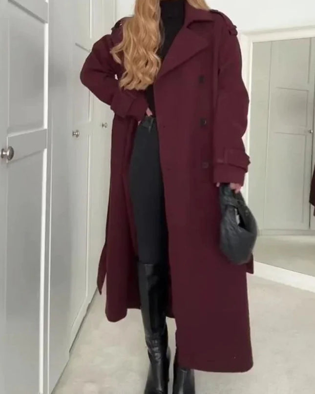 Elegant Bordeaux Lapel Mix Maxi Overcoat