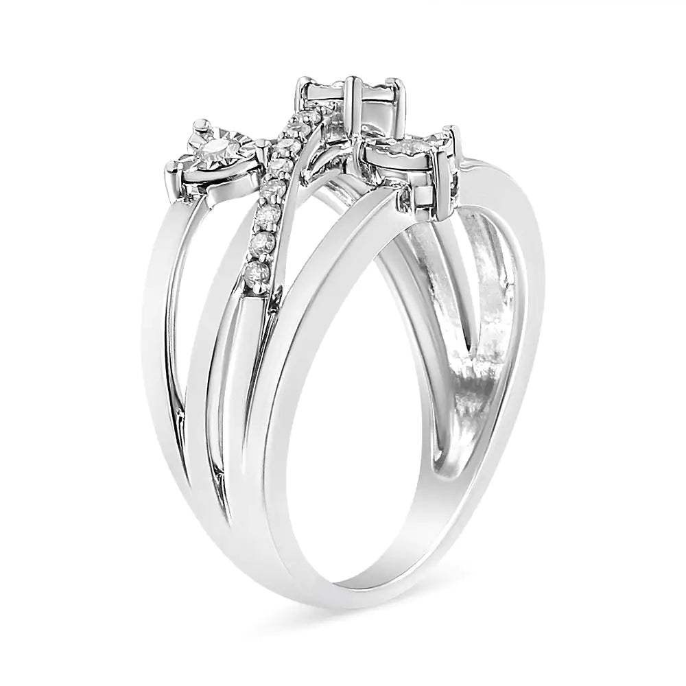 .925 Sterling Silver 1/5 Cttw Miracle-Set Diamond Heart Cross-Over Bypass Ring (I-J Color, I2-I3 Clarity)