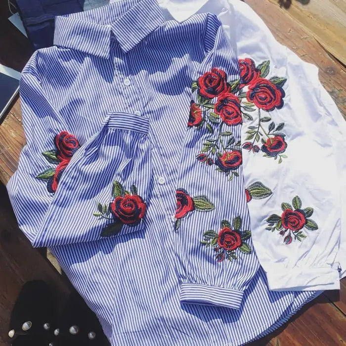 Stripe Embroidered Rose Shirt