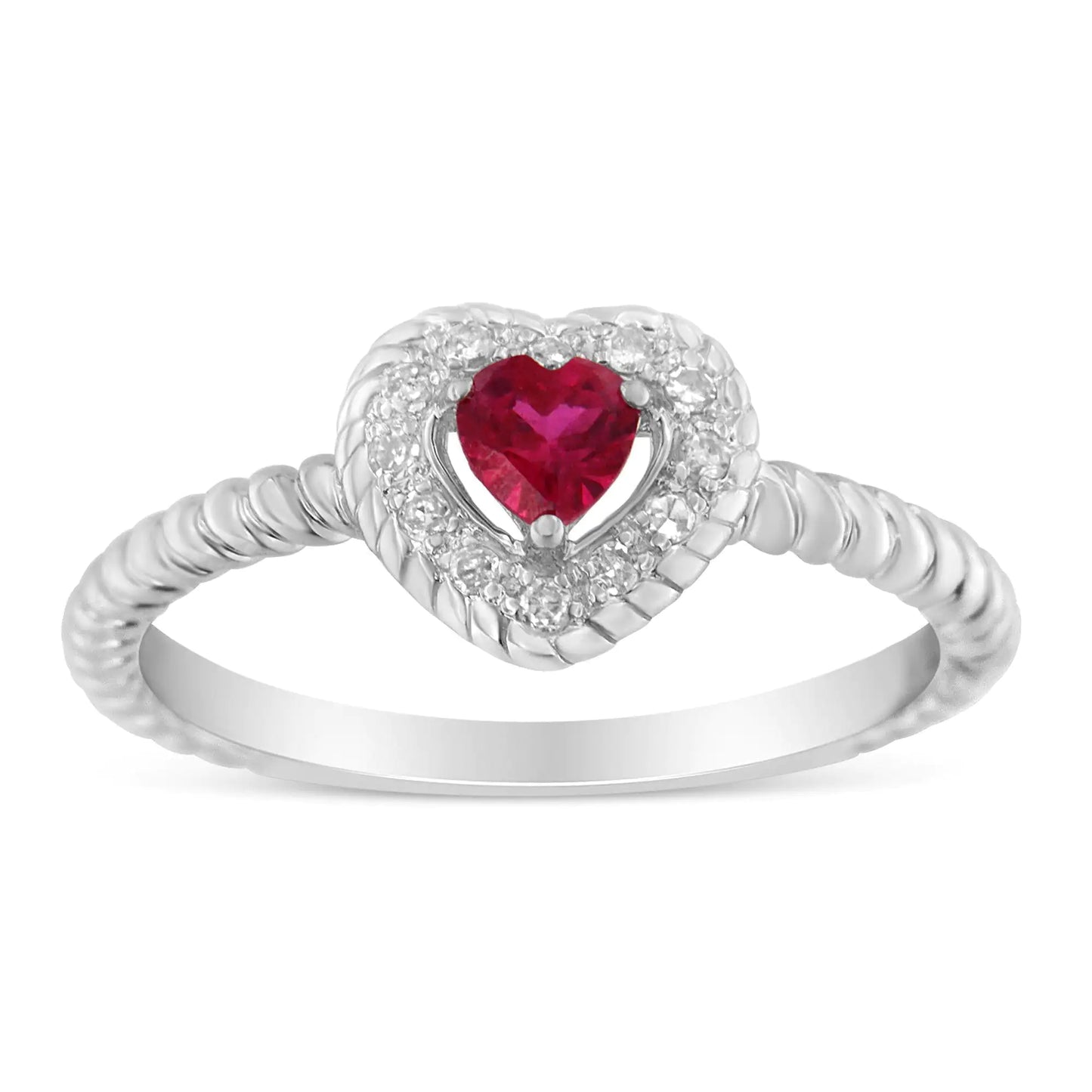 Sterling Silver 4MM Lab Created Ruby Heart and Diamond Accent Heart Ring (I-J, I2-I3)