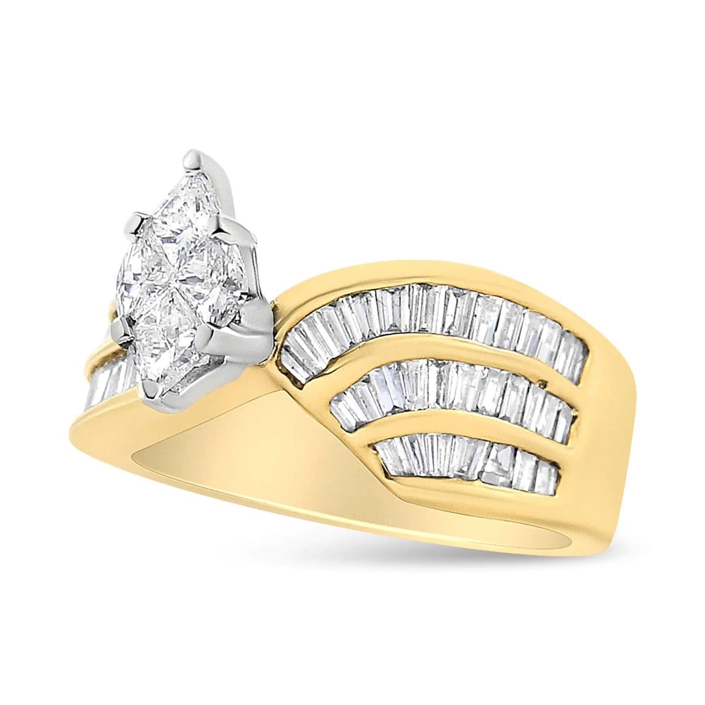 14K White and Yellow Gold 1 1/4 Cttw Pie and Baguette-Cut Diamond Marquise Shape Engagement Bypass Ring (H-I Color, VS1-VS2 Clarity)