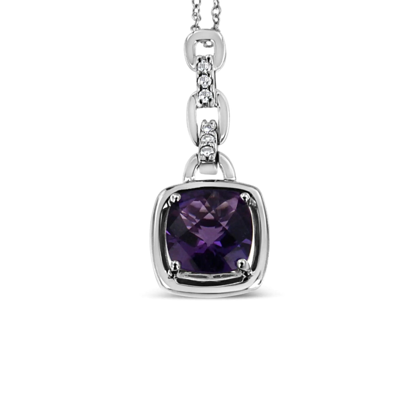 .925 Sterling Silver 6x6MM Cushion Shaped Natural Purple Amethyst and Diamond Accented Bale 18" Inch Pendant Necklace (I-J Color, I1-I2 Clarity)