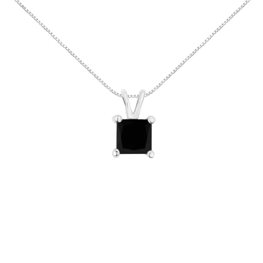 .925 Sterling Silver Treated Black Diamond Solitaire Pendant Necklace (Black)