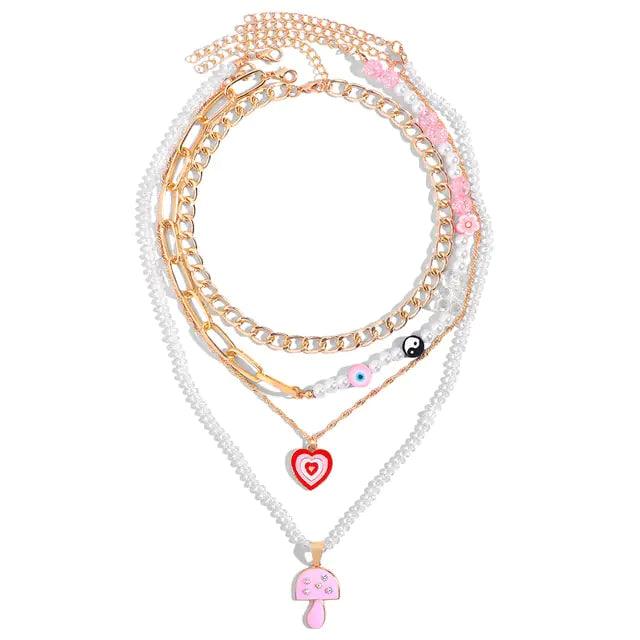 Multi-layer Pink Heart Crystal Pendant Necklaces