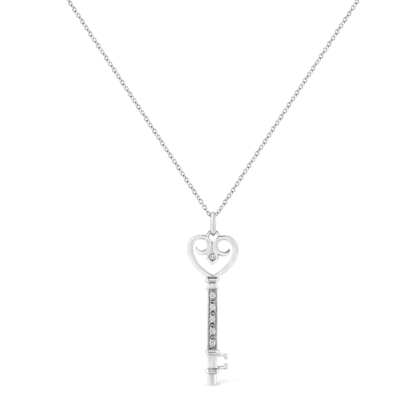 .925 Sterling Silver Pave and Bezel-Set Diamond Accent Key 18" Heart and Lock Pendant Necklace (K-L Color, I1-I2 Clarity)