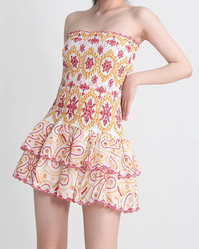 Strapless Embroidery Print Dress