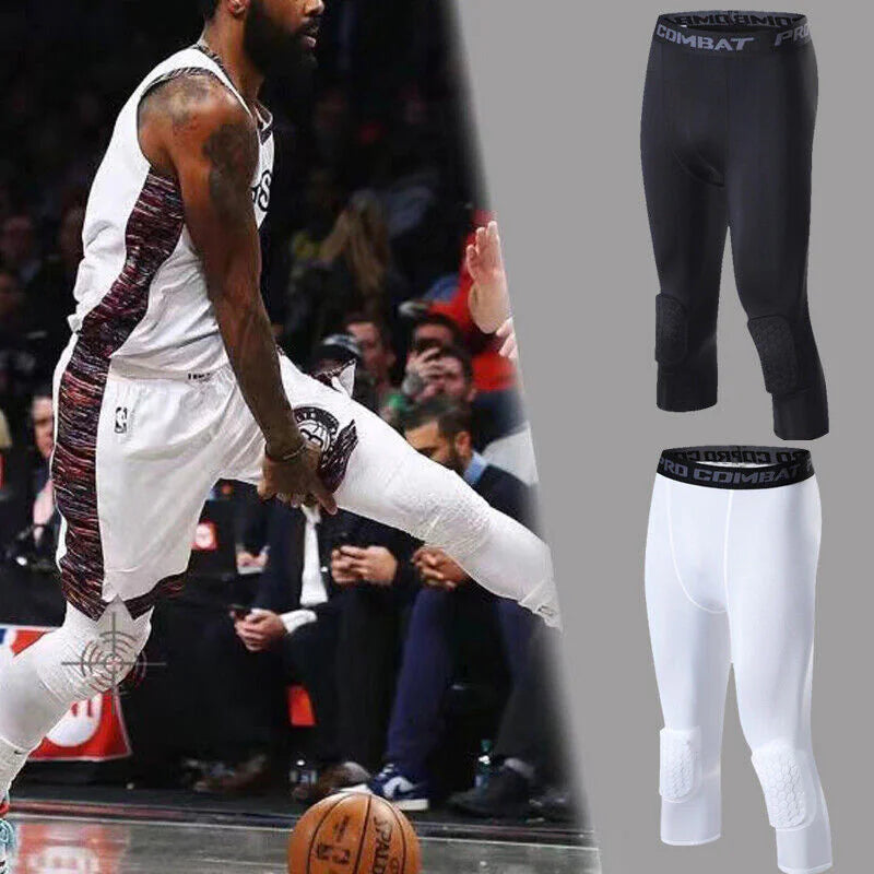 Men's Basketball Sports Tight Pants 3/4 Compression Workout Leggings Knee Pads