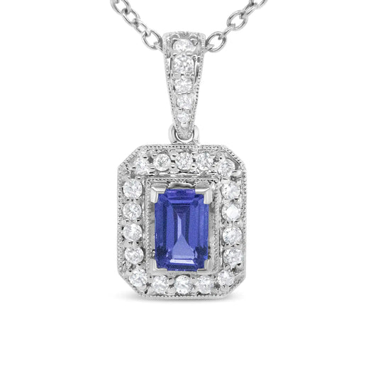 18K White Gold 1/4 Cttw Round Diamond and 6x4mm Purple Tanzanite Halo 18" Pendant Necklace (H-I Color, VS1-VS2 Clarity)