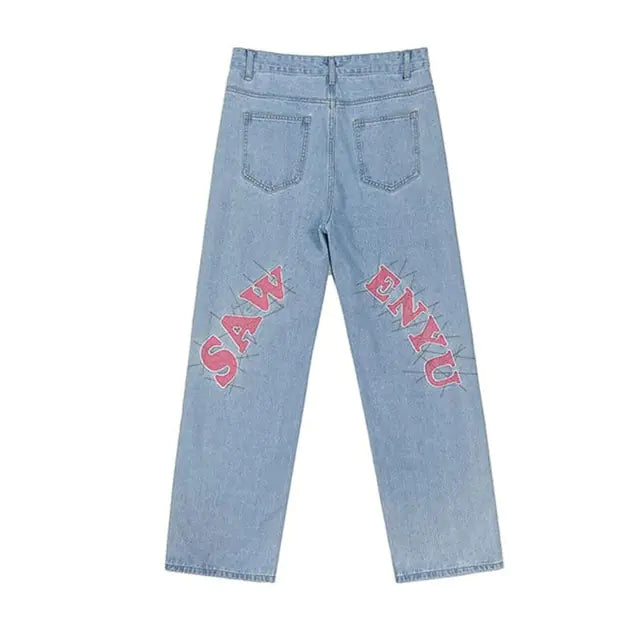 Embroidered Jeans Men's Straight Loose