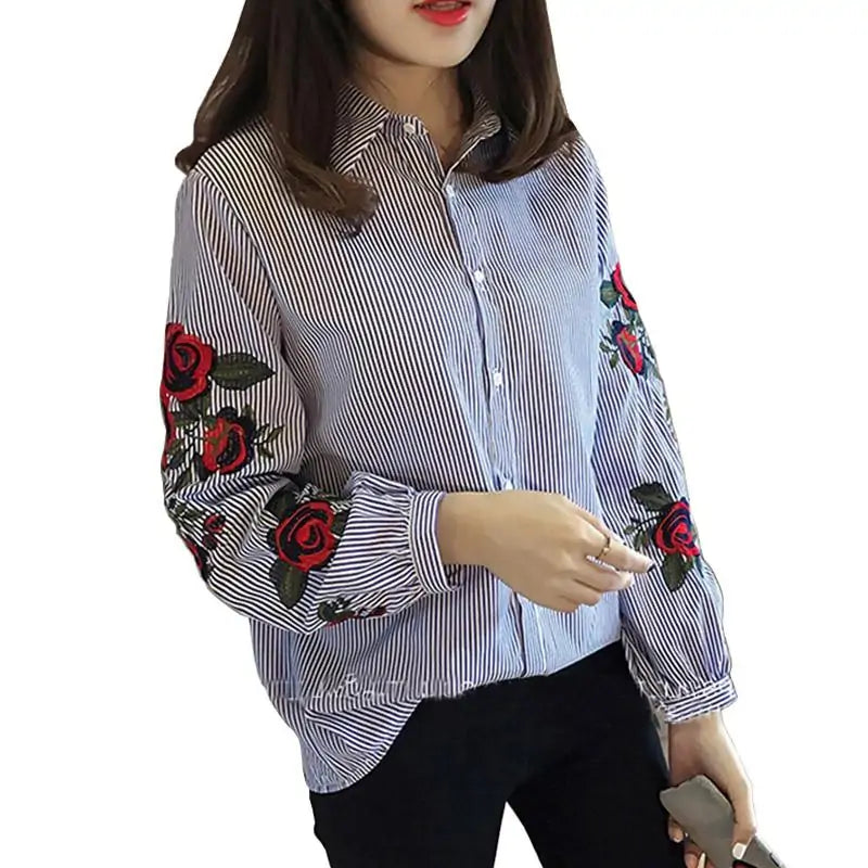 Stripe Embroidered Rose Shirt