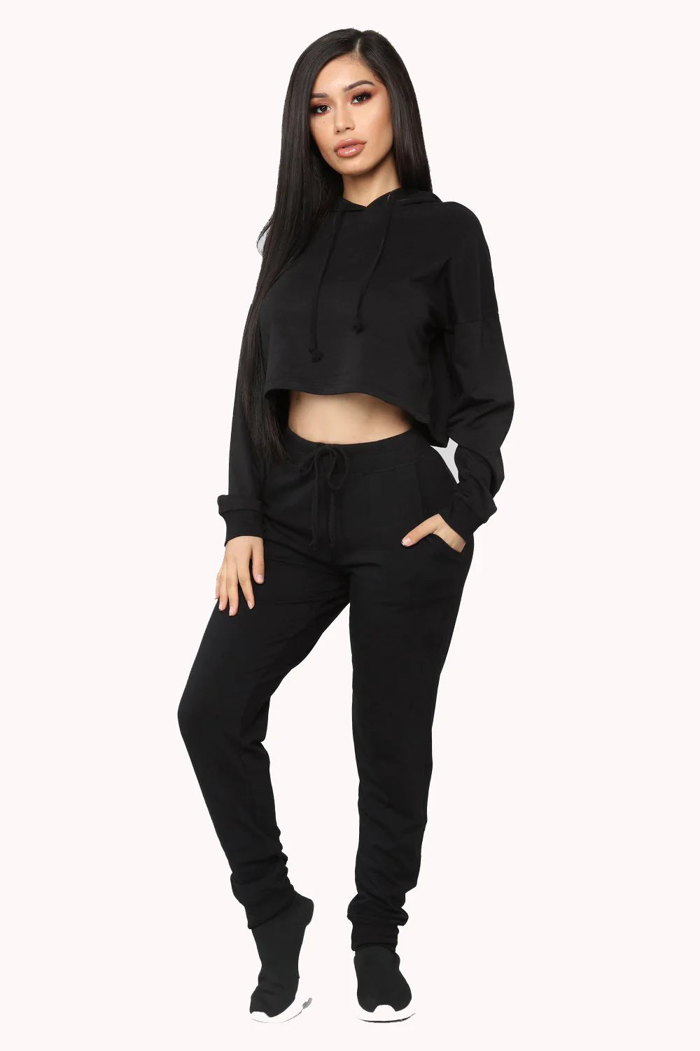 Cropped Drawstring Hoodie Set