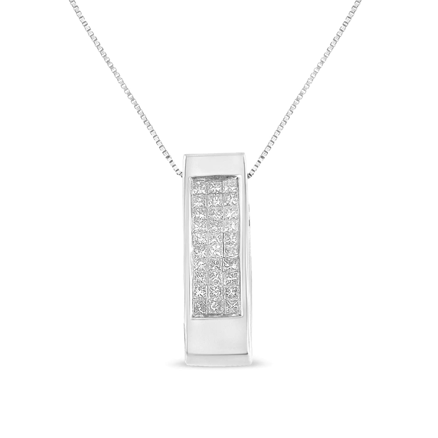 14K Gold 1/2 Cttw Invisible Set Princess Cut Diamond Vertical Bar Block Pendant 18" Necklace (H-I Color, SI2-I1 Clarity)