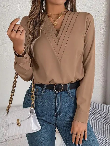 Elegant V-Neck Long Sleeve Office Blouse