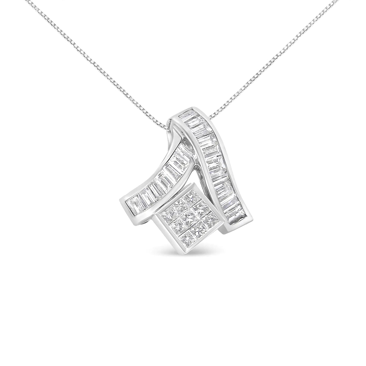 14K White Gold 1 7/8 cttw Princess and Baguette Cut Mixed Geometry Diamond Pendant Necklace (G-H, SI1-SI2)