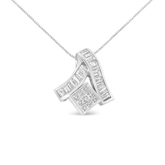 14K White Gold 1 7/8 cttw Princess and Baguette Cut Mixed Geometry Diamond Pendant Necklace (G-H, SI1-SI2)